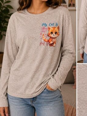 Hand Crafted Gray Long-Sleeve Tee with Orange Kitten Graphic girls XL
